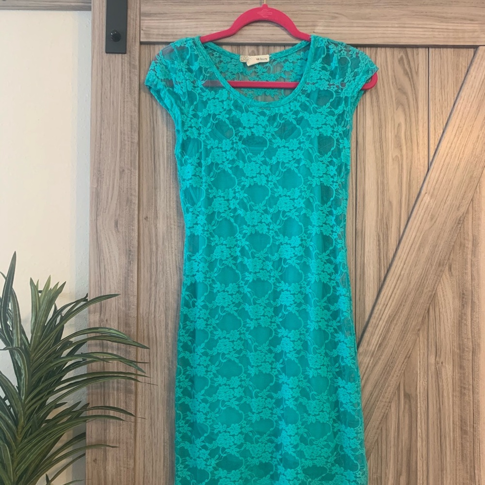 Turquoise lace mini dress